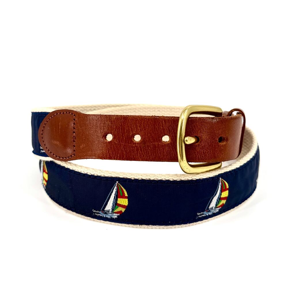 Leather Man Ltd Navy Tan Preppy Sailboat Belt